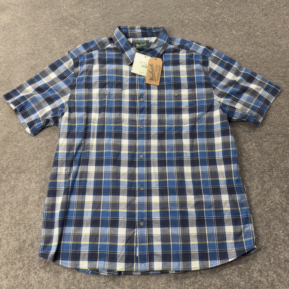 Woolrich Button Down Shirt Mens XL Blue Eco Rich Midway Yarn Plaid Short Sleeve
